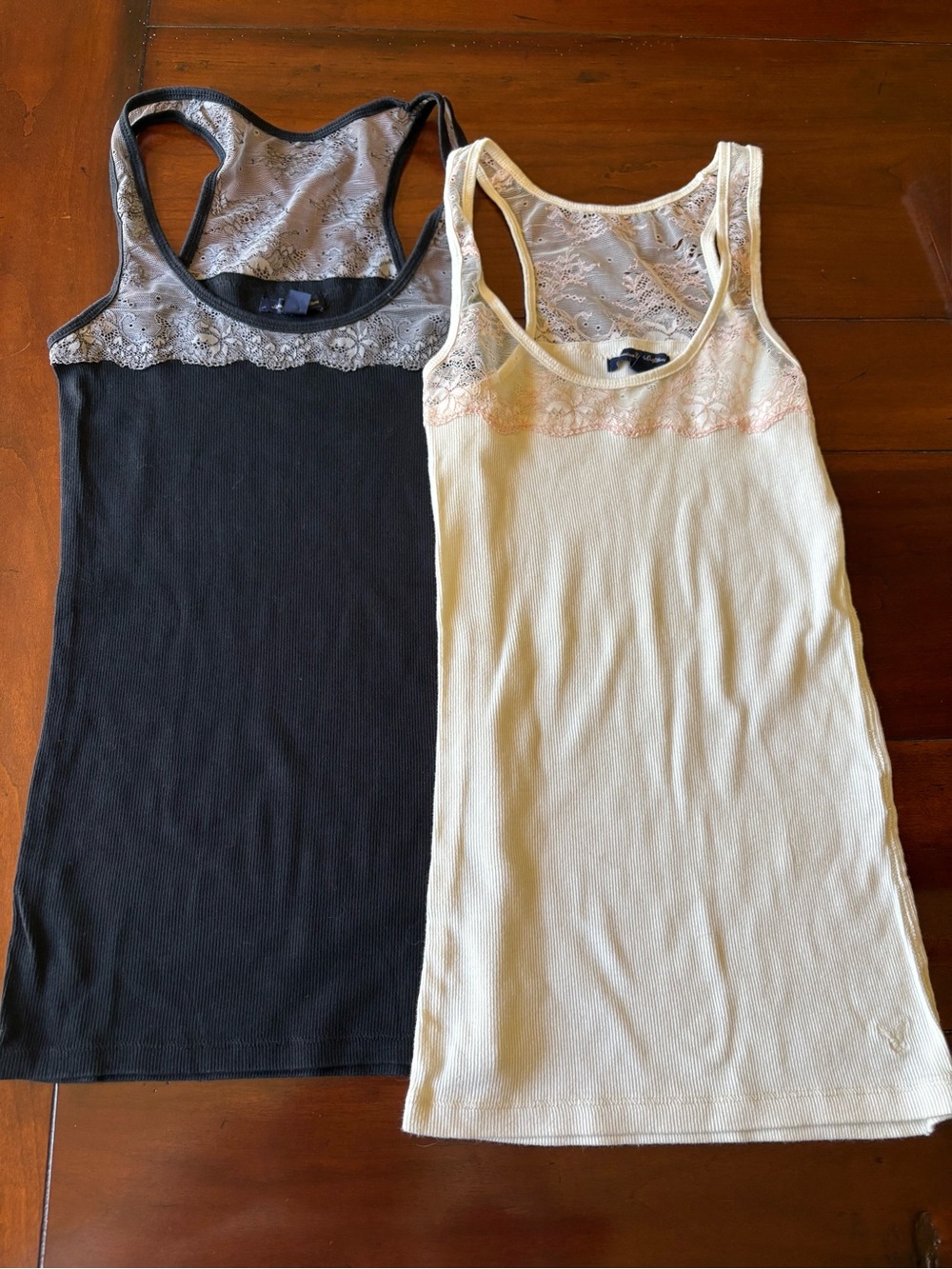 American Eagle Outfitters Lace-Trim Ribbed Tank Tops - Black & Cream